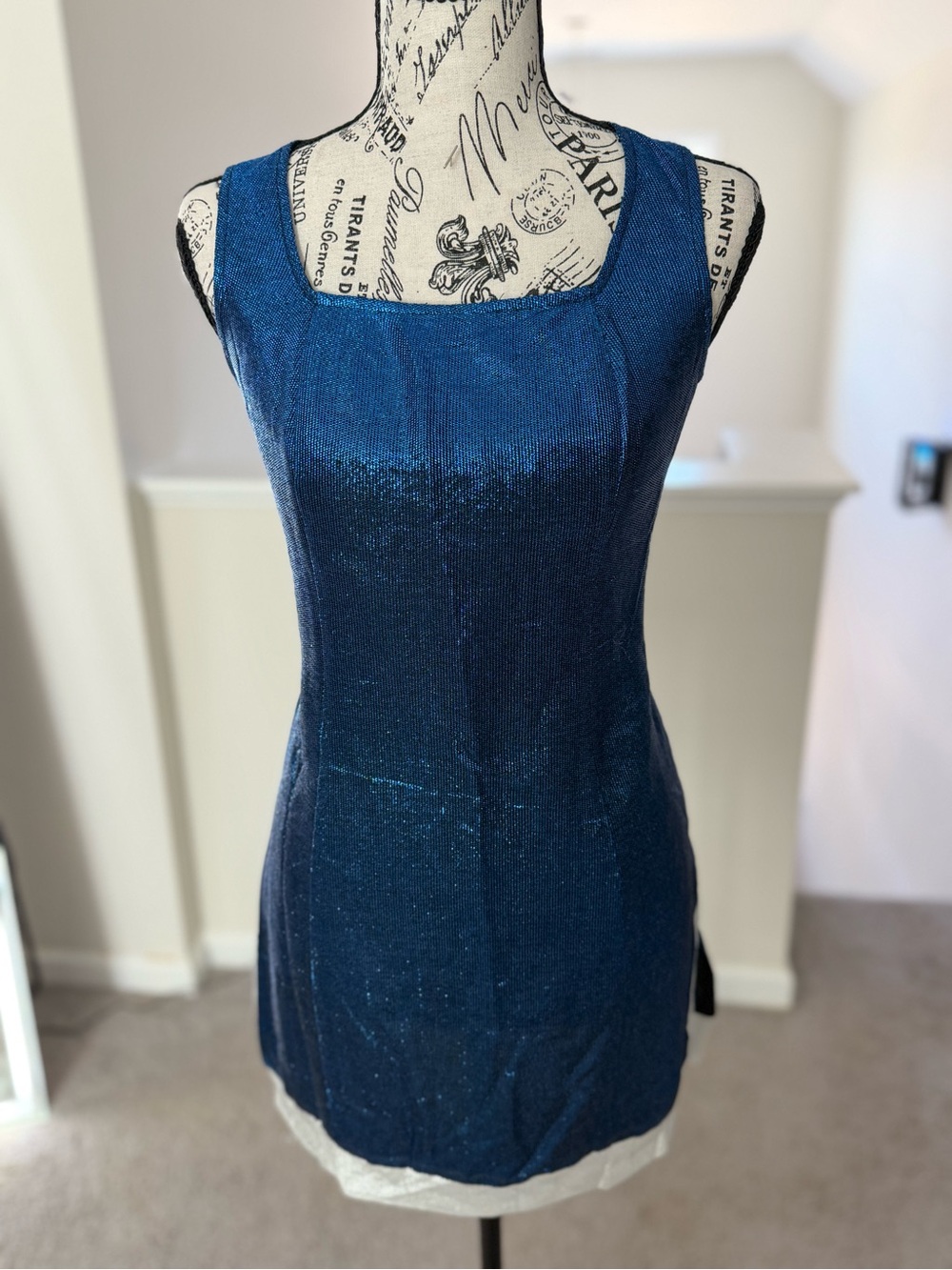 Vintage Y2K Dollhouse Sleeveless Shimmery Blue Square-Neck Mini Dress
